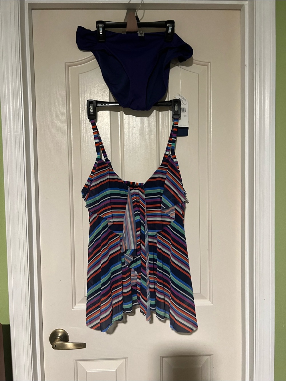 🔥 Women’s Striped Tankini Swim Top and Solid Bikini Bottom - Navy & Multi
